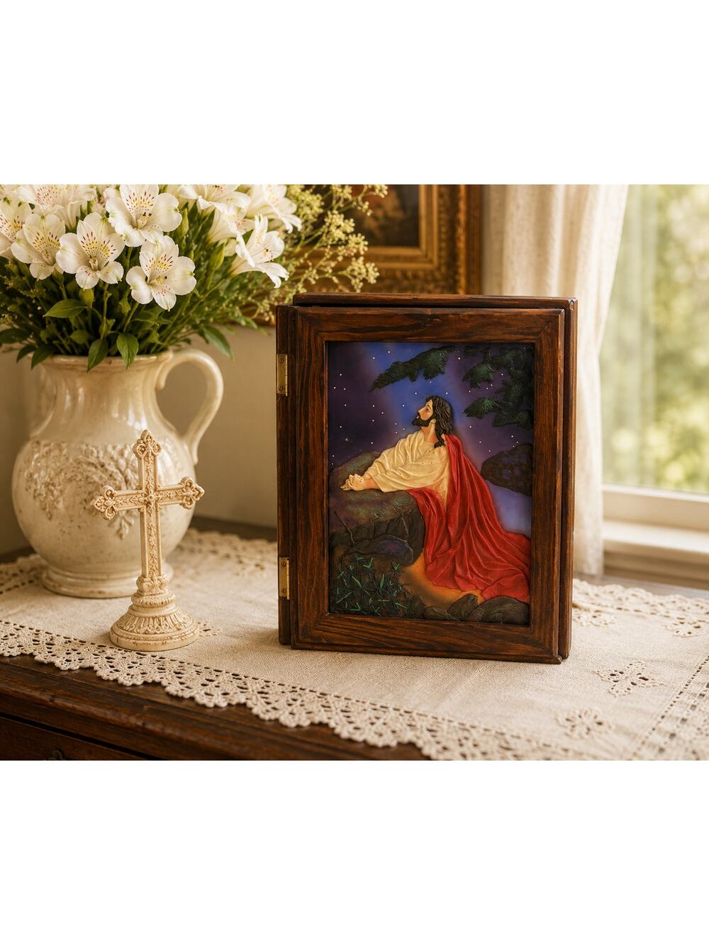 Religious Keepsake Box Jesus Praying Garden of Gethsemane Wood Storage Box